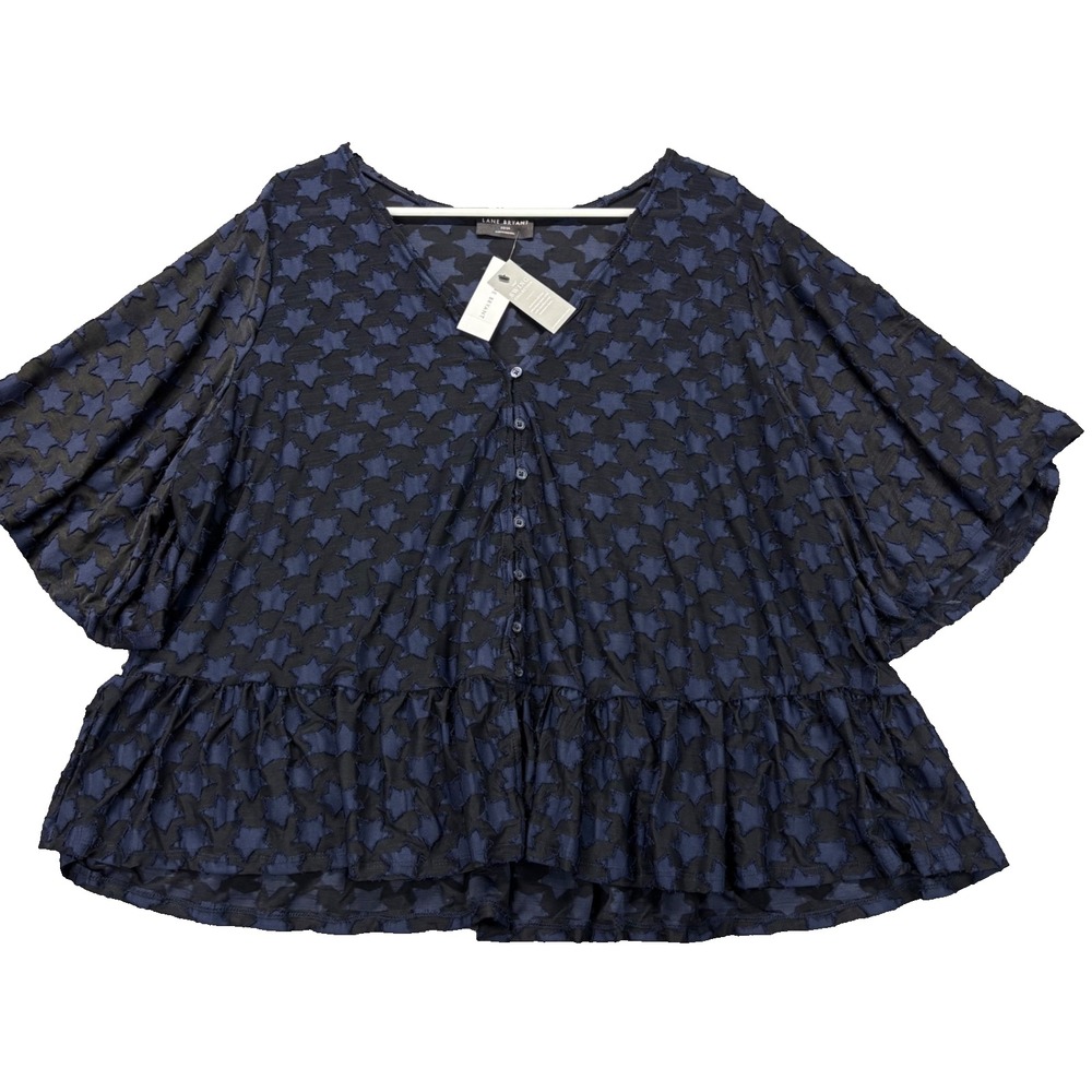Lane Bryant Top Womens 22/24 Swing Peplum Ruffle Hem Navy Star Texture sheer NEW